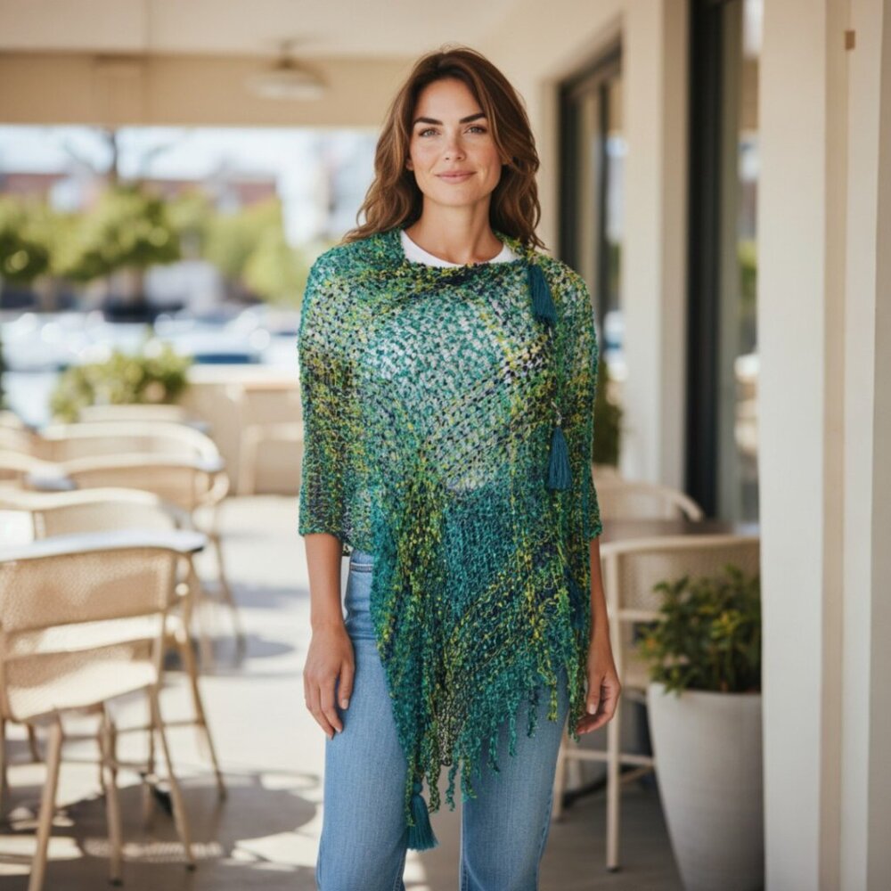 Teal Green Olive Navy Check  Poncho Vest Scarf Adjustable Tassel…